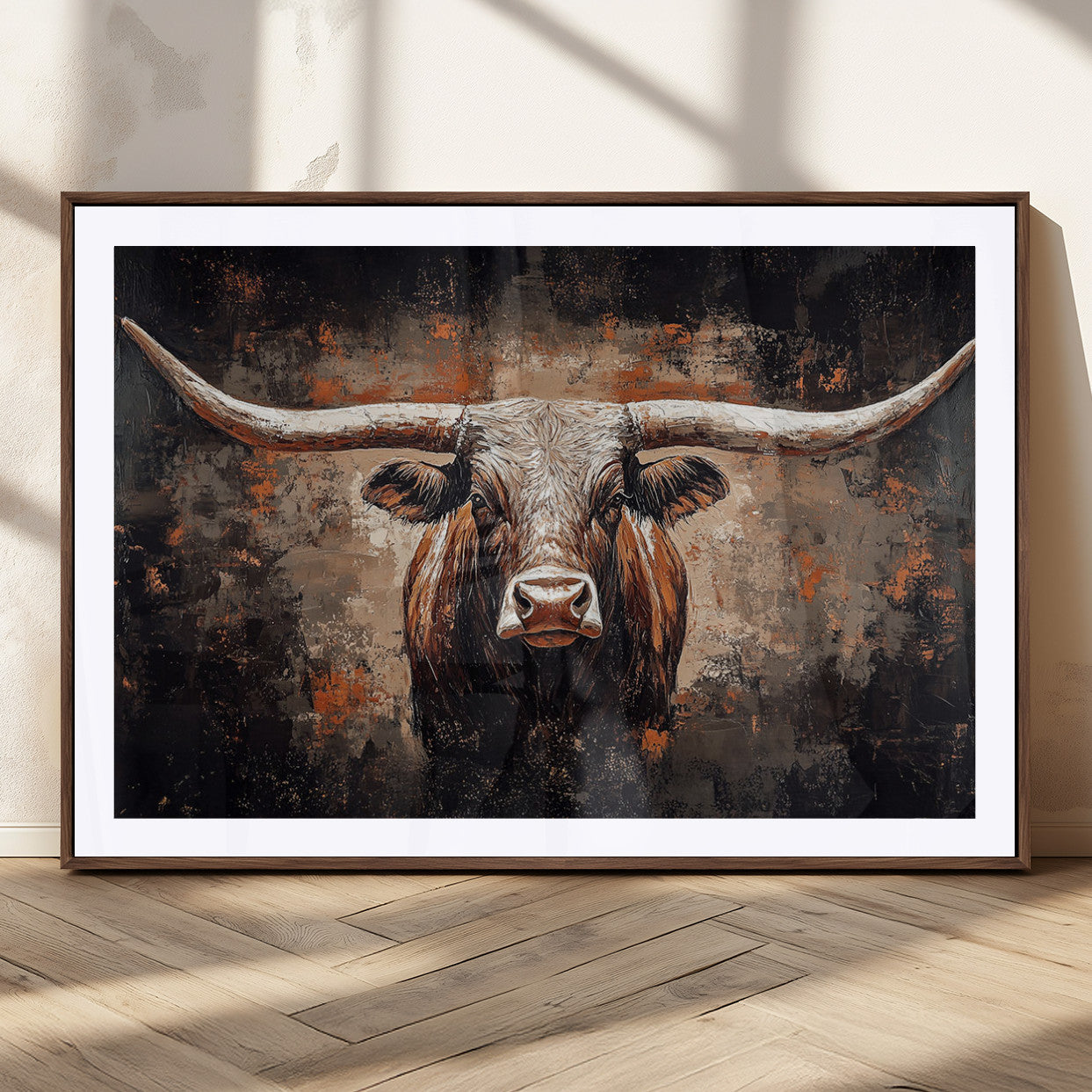 24779067-MGC-FP-36x24_Walnut-Rustic Longhorn Bull Wall Art Canvas Print – Vintage Western Cattle Scene, Texas Steer Artwork for Home, Office