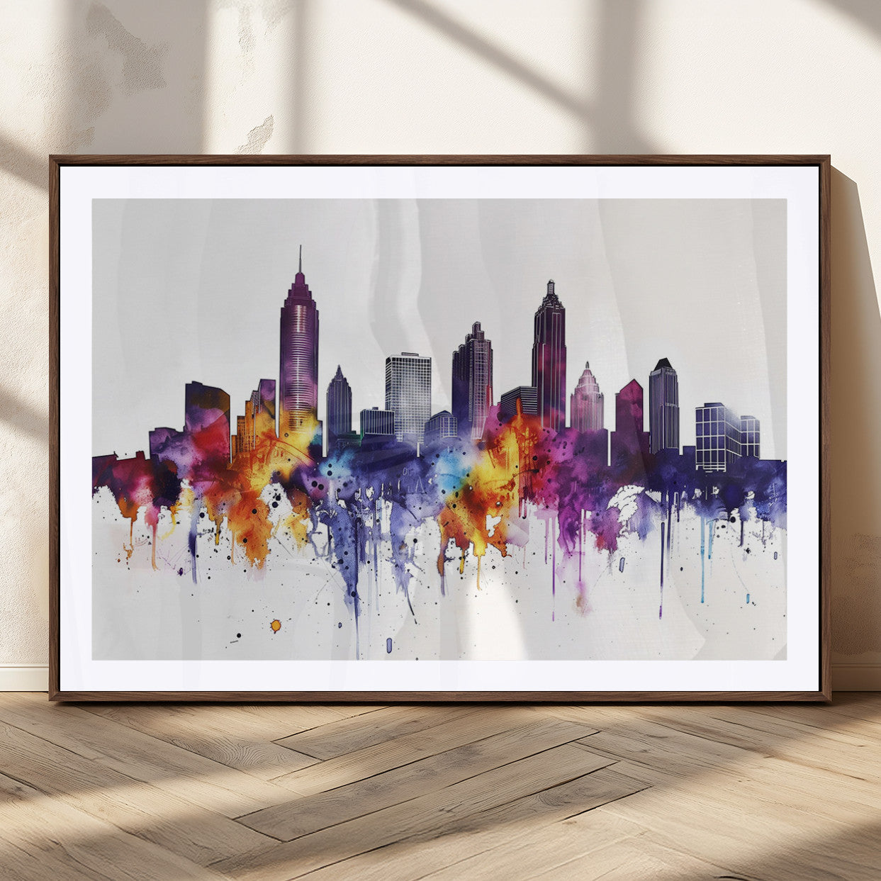 34479880-MGC-FP-36x24_Walnut-Atlanta Skyline Wall Art Canvas Print – Framed Colorful Watercolor Cityscape Artwork for Home, Office, Living Room