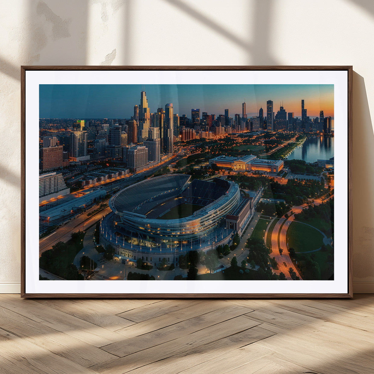 36690345-MGC-FP-36x24_Walnut-Chicago Bears Soldiers Field Wall Art Canvas Print – Framed Football Stadium Artwork for Home, Office, Living Room