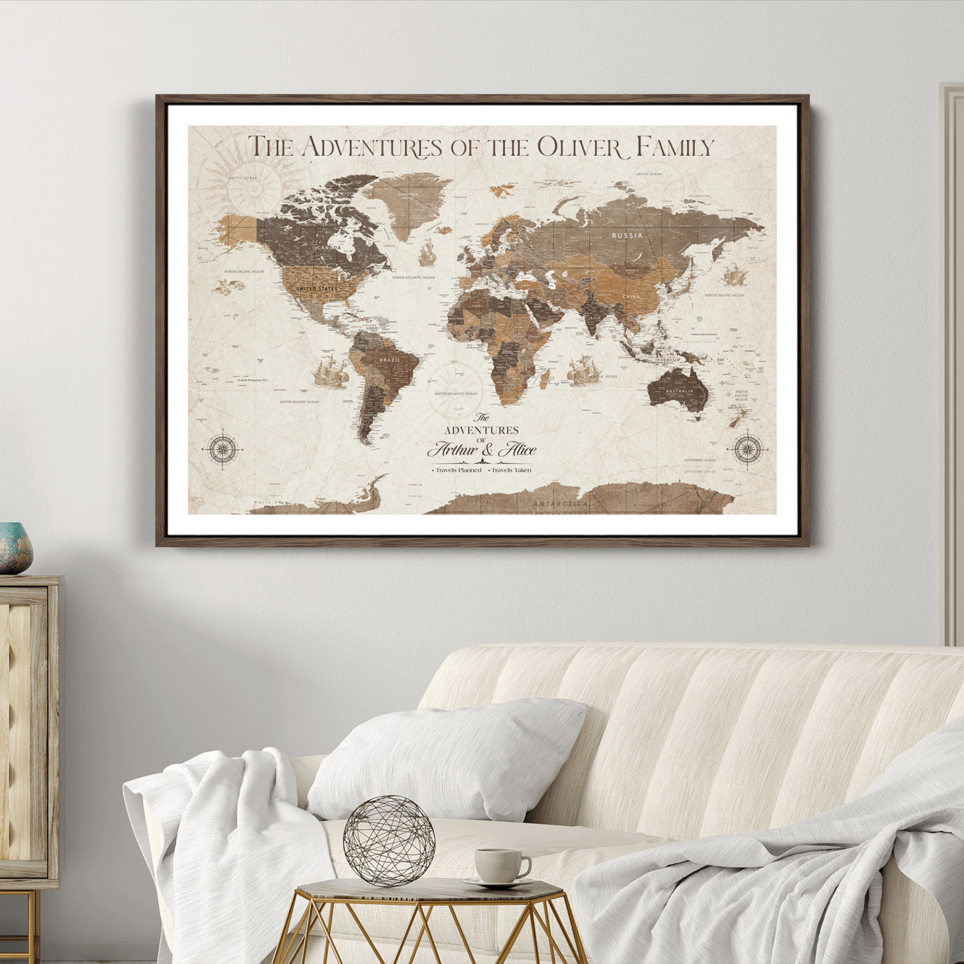 -Personalized Push Pin World Map Canvas Print Custom Family Travel Tracker Map Framed Adventure Gift for Couples Home Office