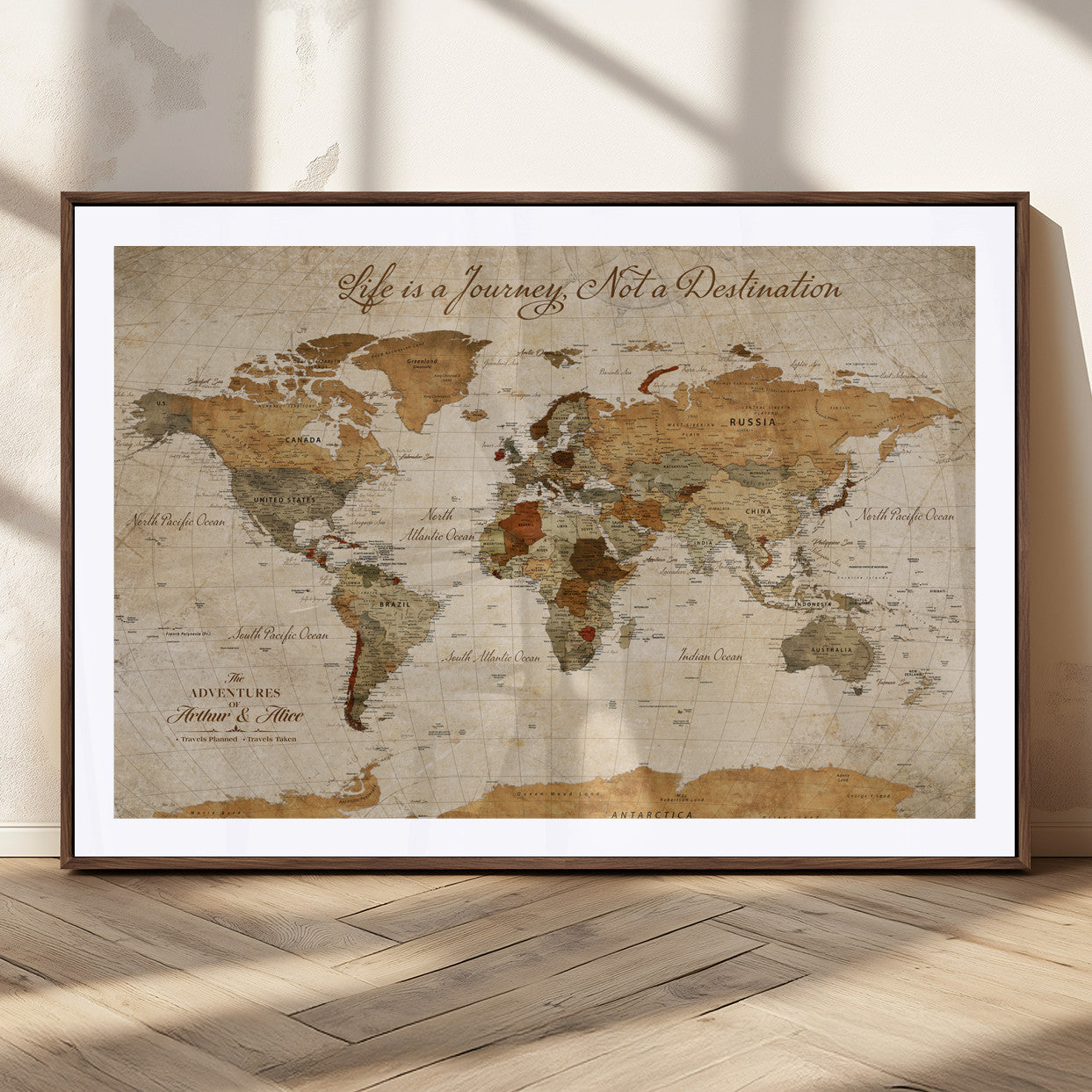79036691-MGC-FP-36x24_Walnut-Personalized World Map Canvas Wall Art – Custom Framed Push Pin Travel Tracker Print, Unique Gift for Home or Office Decor