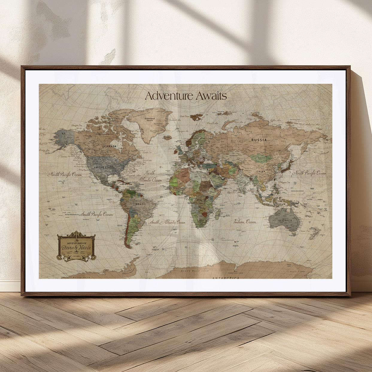 33020399-MGC-FP-36x24_Walnut-Personalized World Map Canvas Print – Custom Push Pin Travel Tracker Map Anniversary Gift for Couples for Home, Office