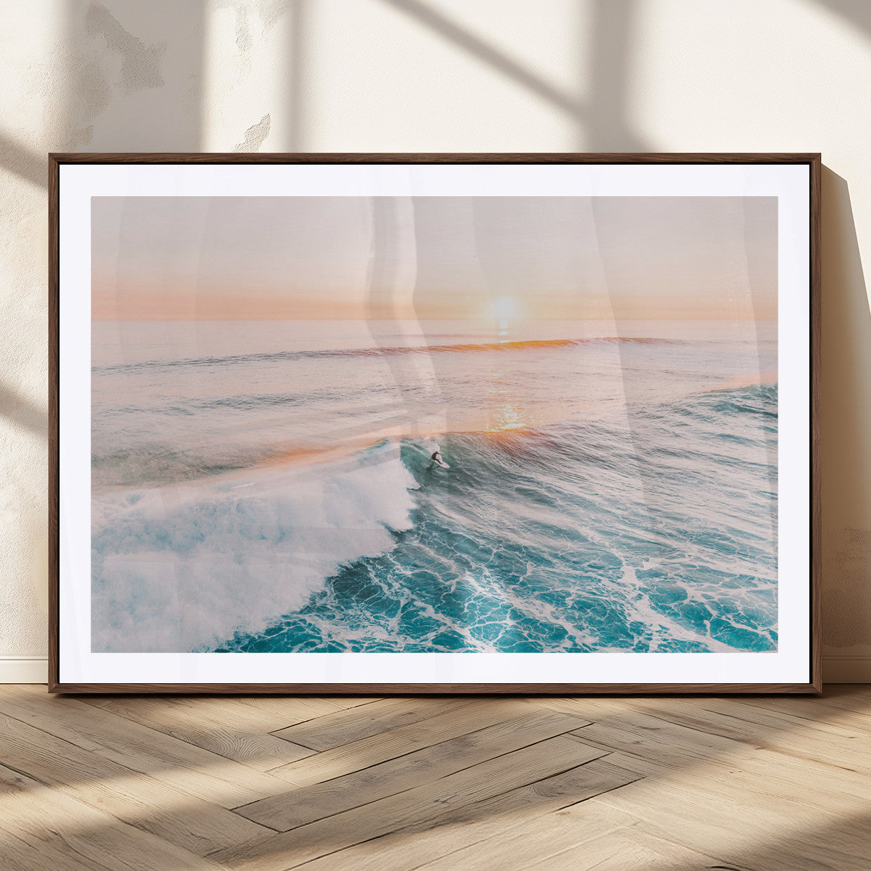 34064591-MGV-CV-36X24-Sunset Surfing Wall Art Canvas Print, Ocean Wave Surfer with Golden Sky Artwork for Home, Office, Living Room