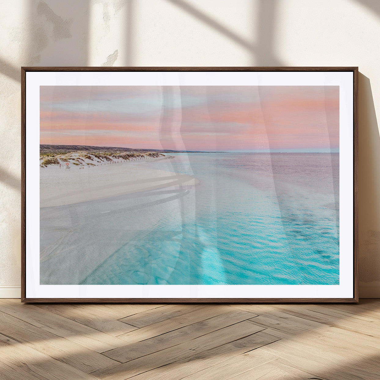 41613614-MGV-CV-36X24-Serene Pastel Beach Wall Art Canvas Print, Tranquil Coastal Sunset with Soft Ocean Hues Artwork for Home, Office