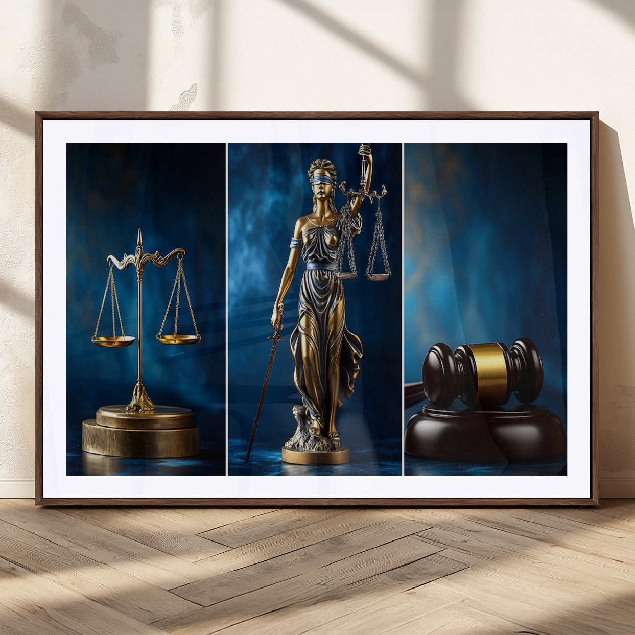 87750525-MGV-CV-36X24-Justice Scales Statue Wall Art, Lady Justice Sculpture Canvas Print, Legal Law Decor, Courtroom