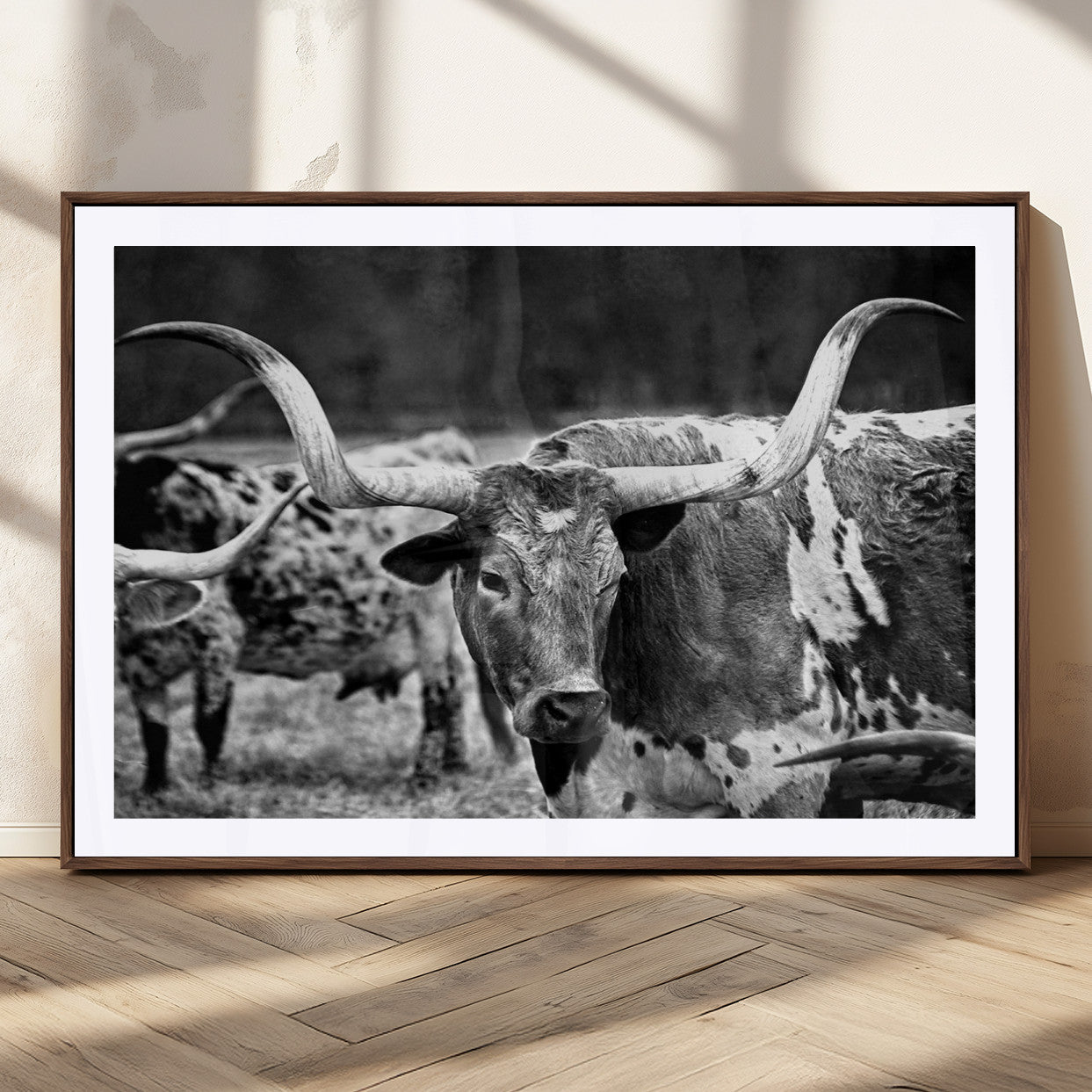 15425553-MGV-CV-36X24-Black & White Longhorn Cattle Wall Art Canvas Print, Rustic Farmhouse Western Design Artwork for Home, Office