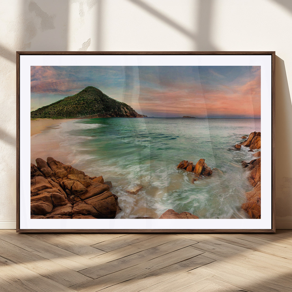 53831025-MGV-CV-36X24-Stunning Coastal Landscape with Rocky Shore and Green Hills at Sunset – Beautiful Ocean View Wall Art Canvas Print for Serene Home Decor.