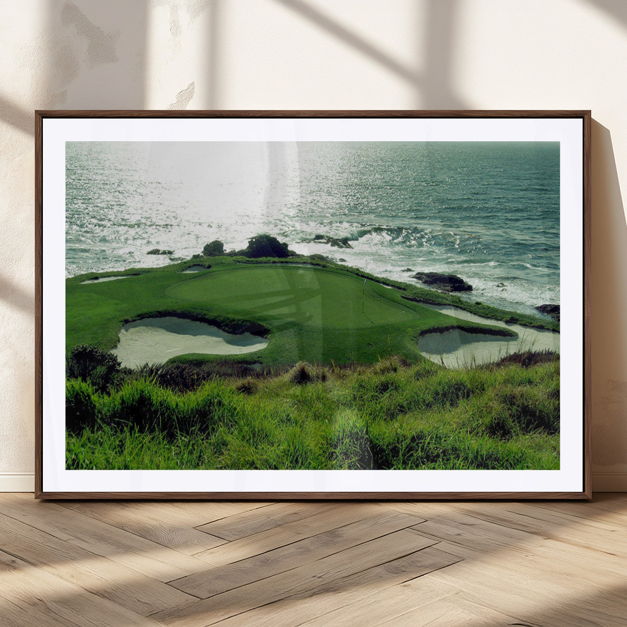 48473947-MGC-FP-36x24_Walnut-Coastal Golf Course Wall Art Canvas Print – Scenic Green Surrounded by Sand Bunkers and Ocean Waves Artwork for Home, Office