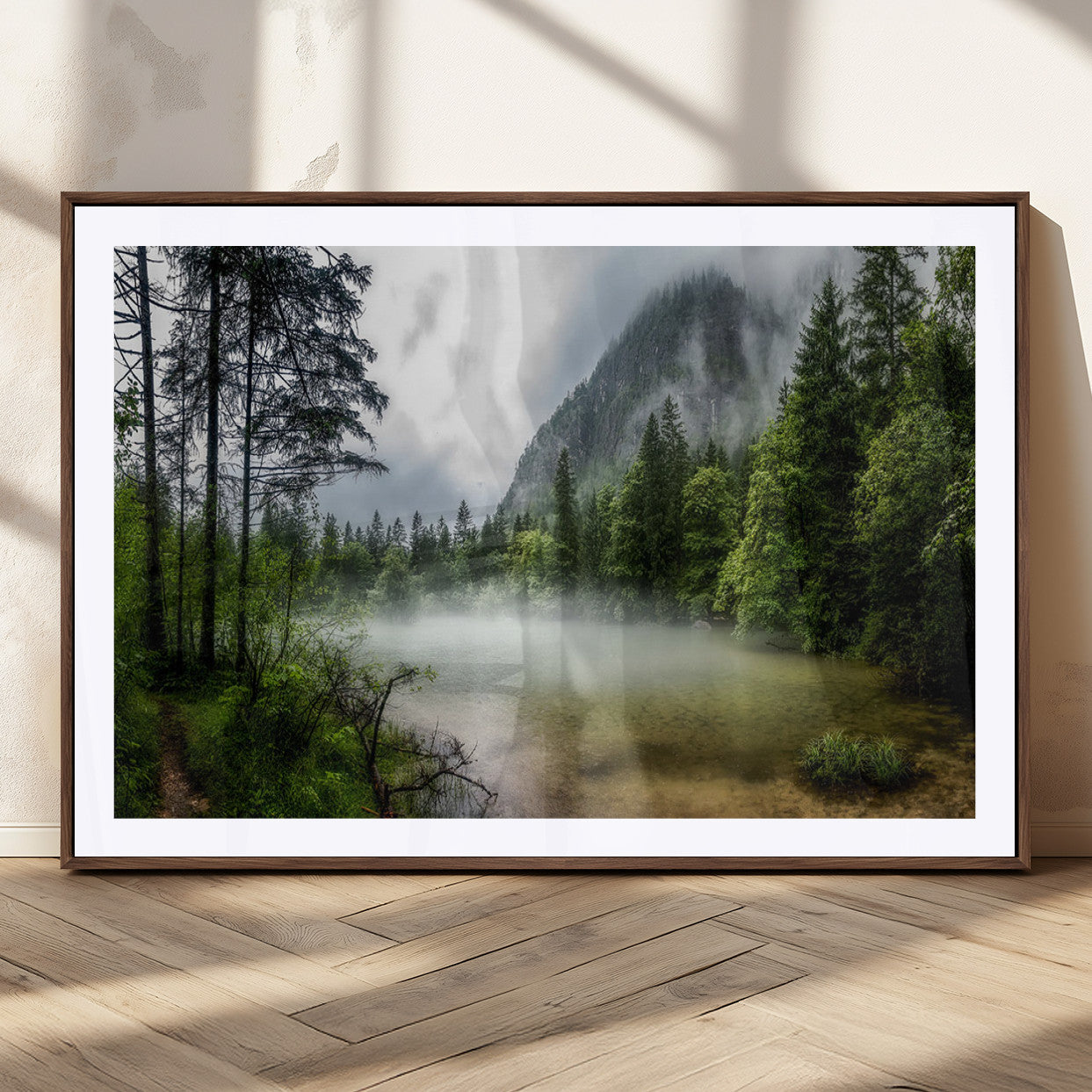 93123937-MGV-CV-36X24-Misty Lake Forest Green Trees Calm Water Reflection Mountain Fog Nature Landscape Outdoor Scenic Beauty Wall Art Canvas Print