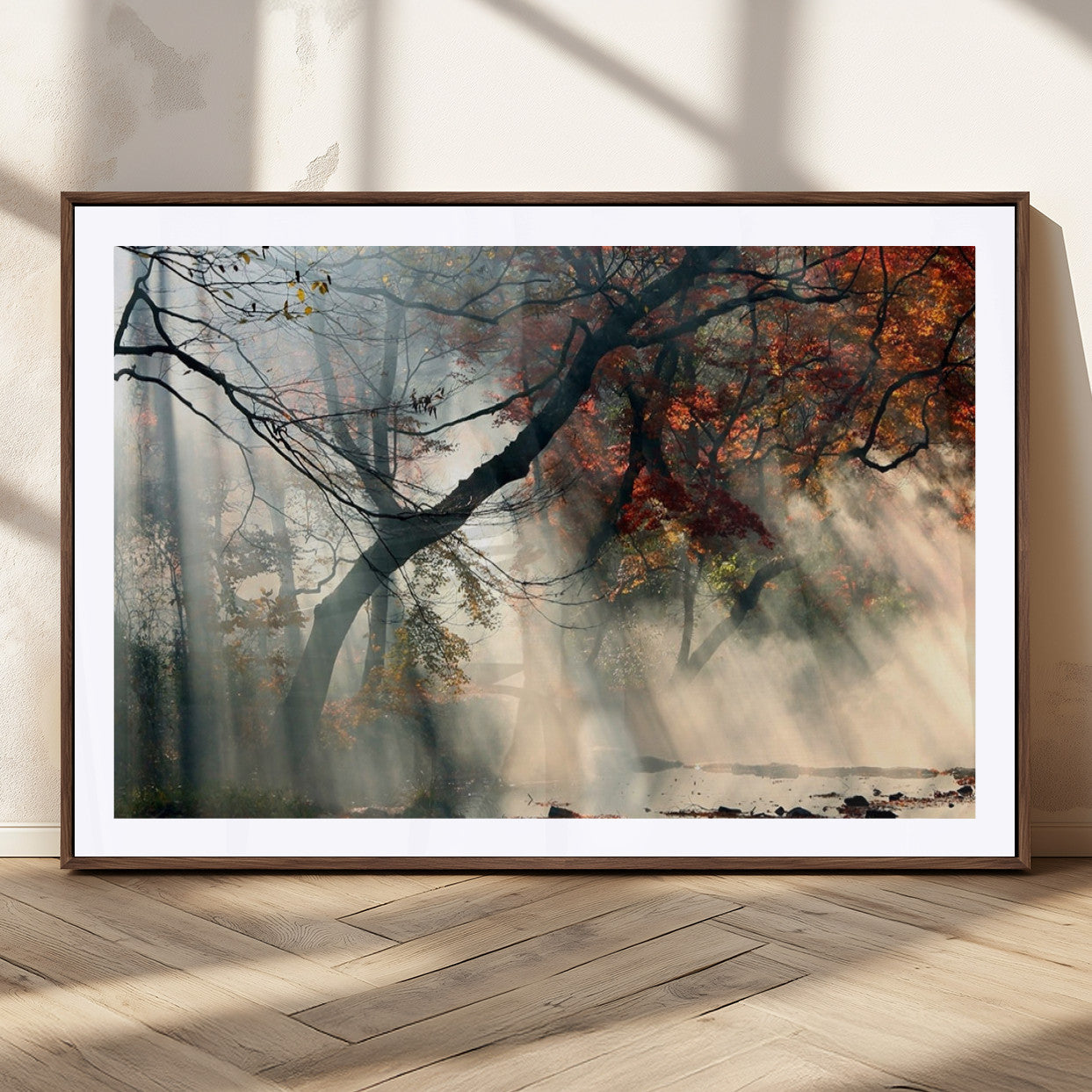 36043878-MGC-FP-36x24_Walnut-Sunlit Autumn Forest Wall Art Canvas Print – Framed Mist Trees Scene with Peaceful Rays Artwork for Home, Office