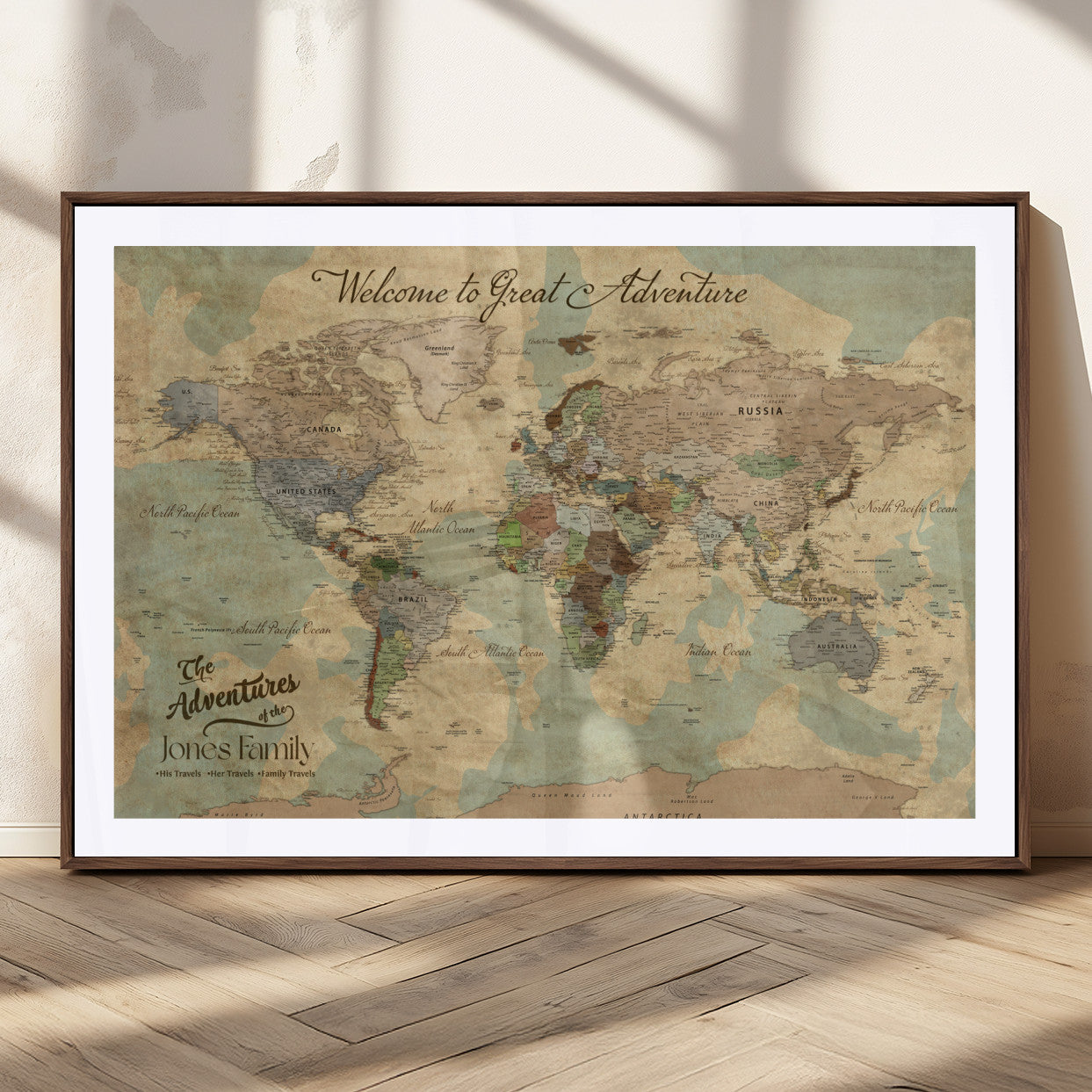 70680424-MGC-FP-36x24_Walnut-Personalized World Map Wall Art Canvas Print – Customizable Push Pin Framed Travel Map Artwork for Home Office