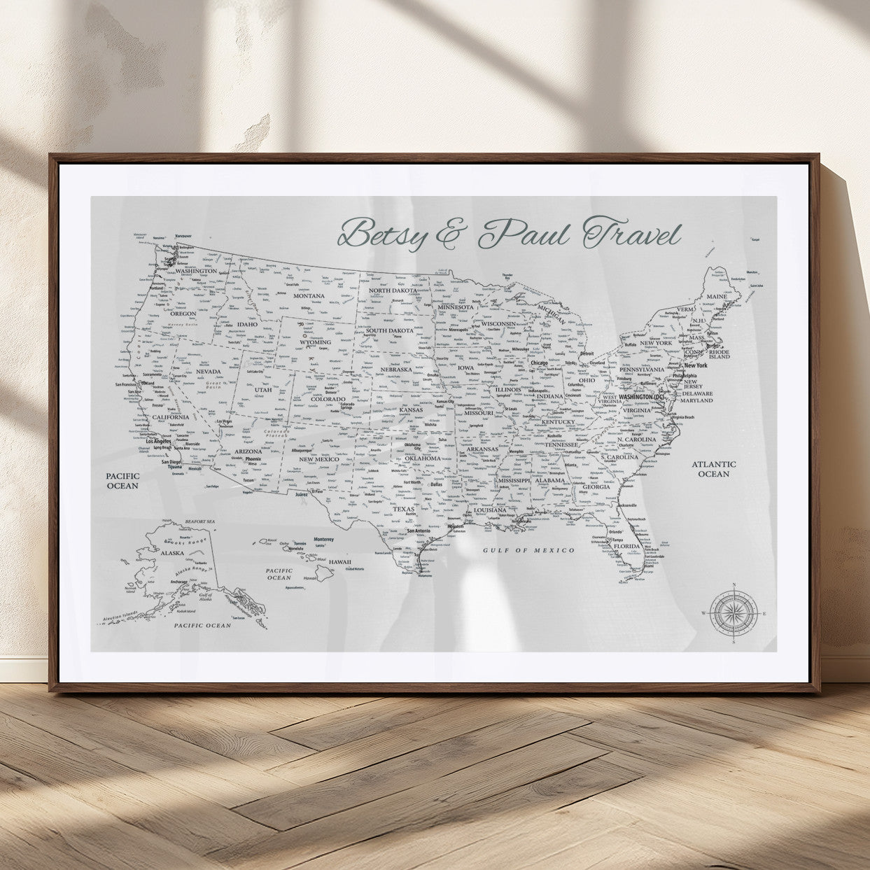 77805491-MGC-FP-36x24_Walnut-Personalized USA Map Wall Art Canvas Print – Custom Push Pin Travel American Map for Couples, Families, or Office Decor