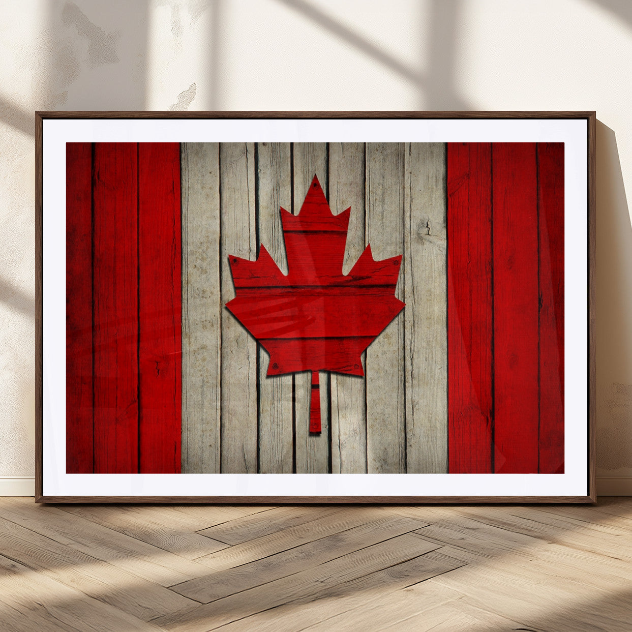 22674-MGC-FP-36x24_Walnut-Rustic Canada Flag Wall Art – Framed Canadian Flag Canvas Print, Vintage Wood Texture Home or Office Decor