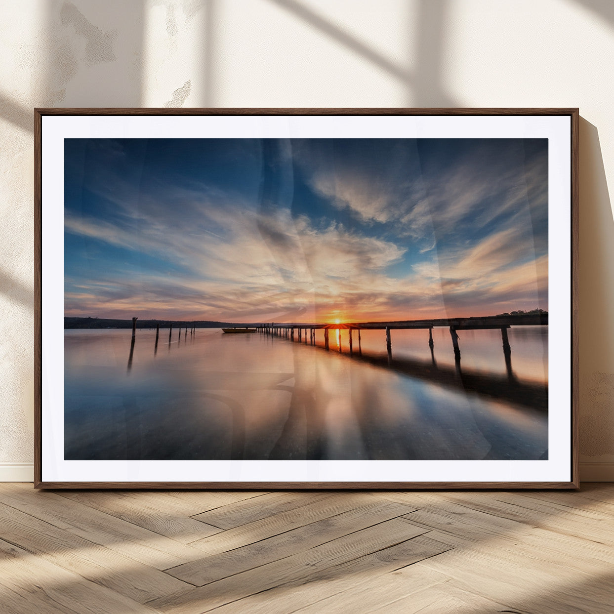 39967-MGC-FP-36x24_Walnut-Wooden Pier on Seascape and Sunset Wall Art Canvas Print