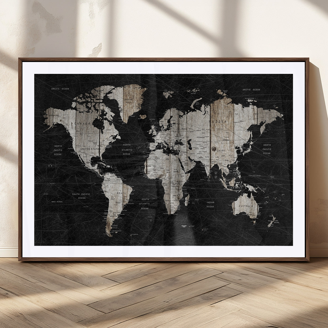 89998-MGC-FP-36x24_Walnut-Rustic Black and Wood World Map Canvas Wall Art – Framed Push Pin Travel Map for Home and Office Decor, Modern Vintage Wall Artwork