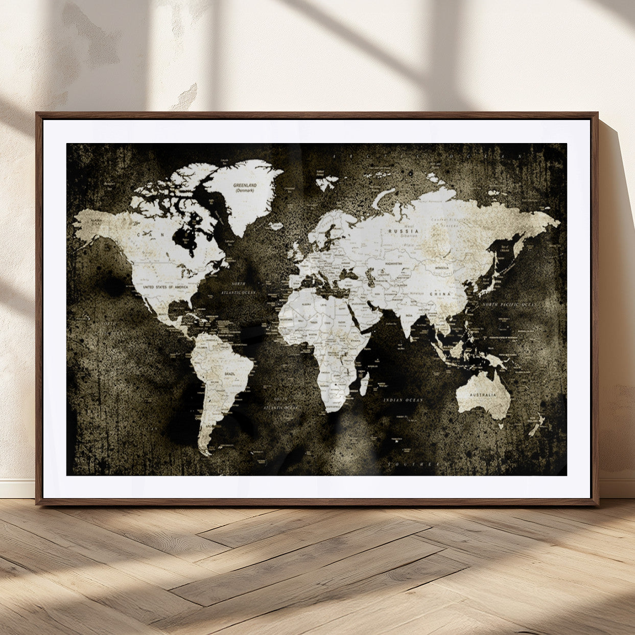 66737-MGC-FP-36x24_Walnut-Vintage World Map Canvas Wall Art – Framed Push Pin Travel Map for Home and Office Decor, Rustic Wall Artwork for Travelers
