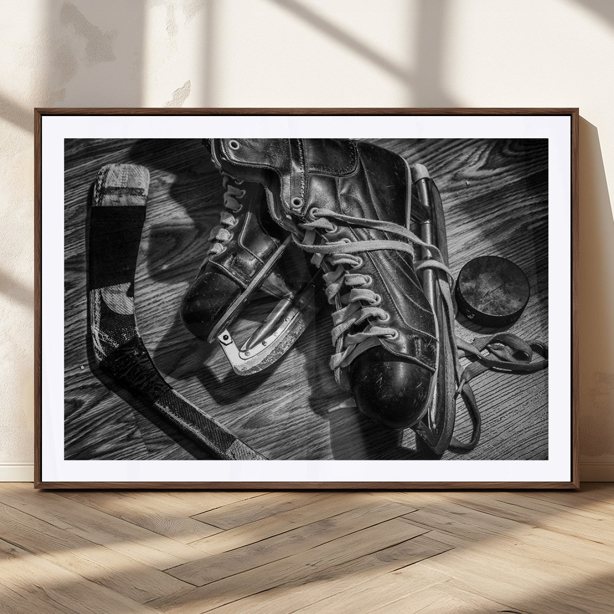 20553-MGC-FP-36x24_Walnut-Old Pair of Mens Skates Wall Art Canvas, Men Skates Wall Art Print