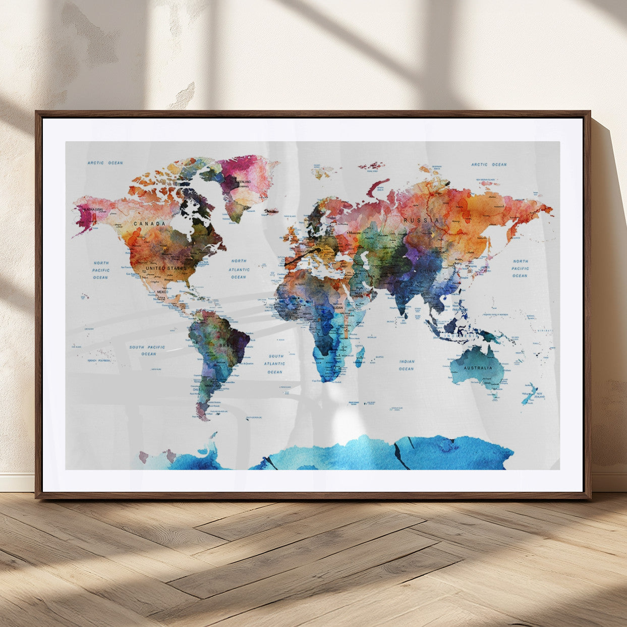 11576-MGC-FP-36x24_Walnut-Vibrant Watercolor World Map Canvas Wall Art – Framed Push Pin Travel Map for Home and Office Decor, Modern Colorful Wall Artwork