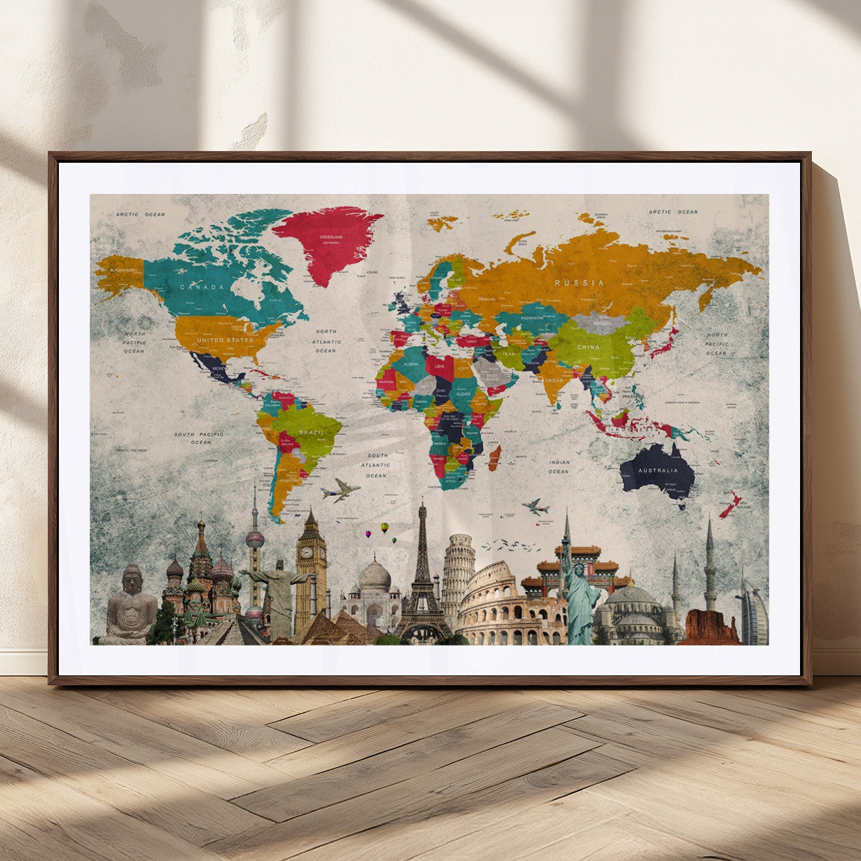 98056-MGC-FP-36x24_Walnut-Colorful World Map Canvas Wall Art with Landmarks – Framed Travel Map Print for Home and Office Decor, Perfect Gift for Travel Lovers