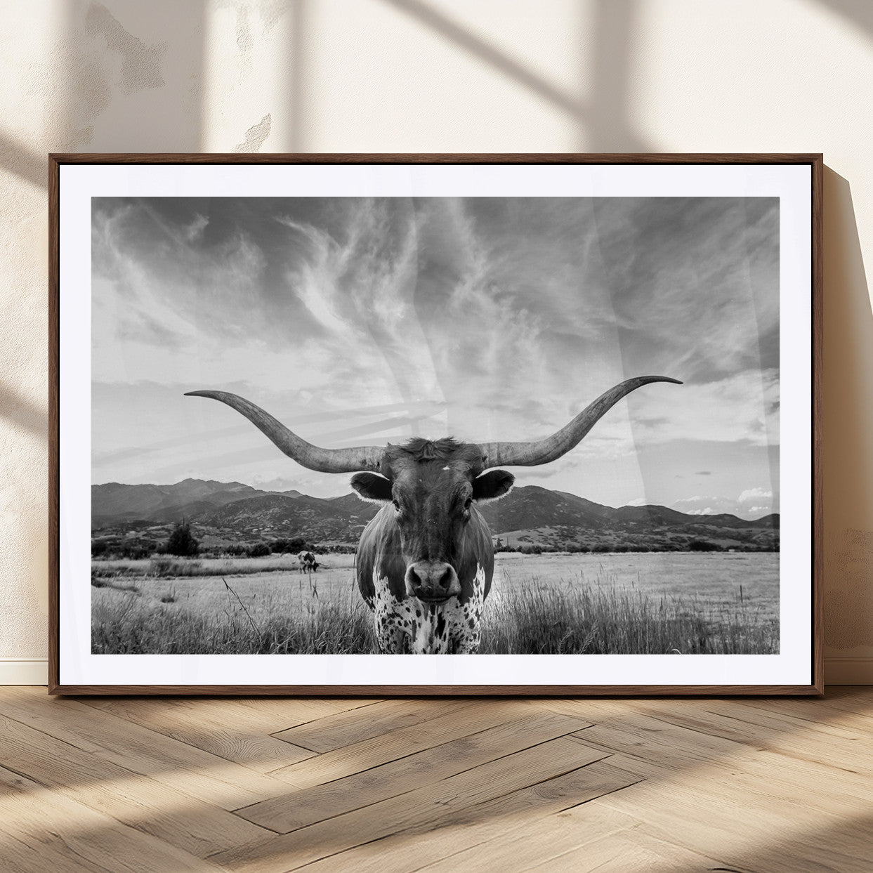 79527-MGC-FP-36x24_Walnut-Longhorn Black and White Wall Art – Rustic Western Bull Canvas Print, Farmhouse Country Decor for Living Room, Office or Ranch, Cowboy Wall Artwork