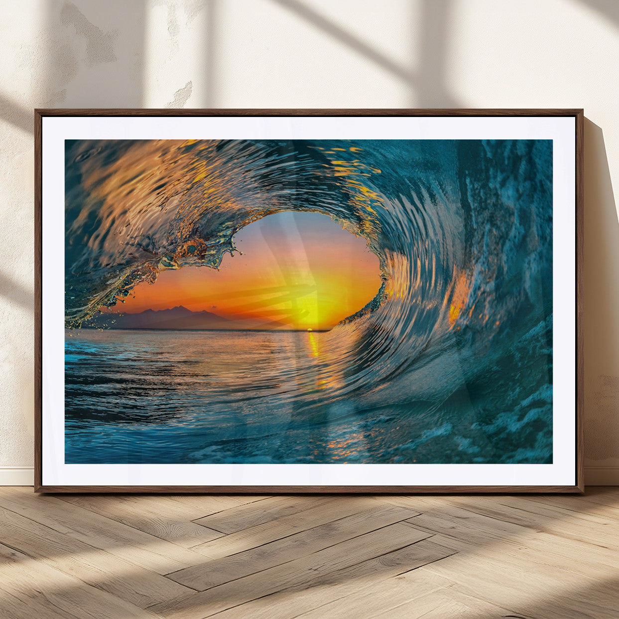 84279-MGC-FP-36x24_Walnut-Ocean Wave Sunset Wall Art | Large Coastal Wave Canvas Print | 3-Panel Ocean Sunset Seascape for