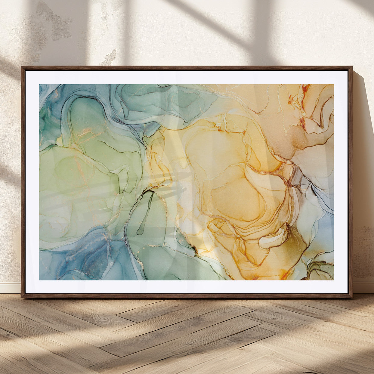 42195-MGC-FP-36x24_Walnut-Green and Yellow Marble Fluid Effect Wall Art, Green and Yellow Marble Canvas Wall Art Print