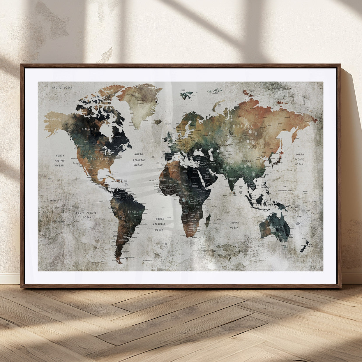 19444-MGC-FP-36x24_Walnut-Push Pin World Map Canvas Print – Travel Tracker Wall Art for Couples, Perfect Anniversary Gift for Home or Office Decor