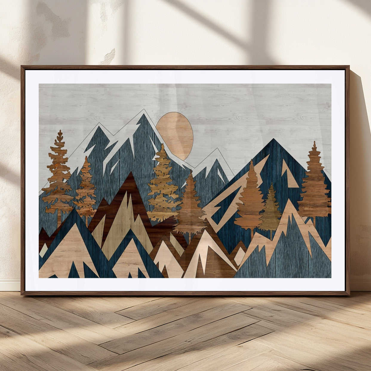 91467-MGC-FP-36x24_Walnut-Abstract Wood Panel Effect Mountain Range Top Wall Art Canvas Print