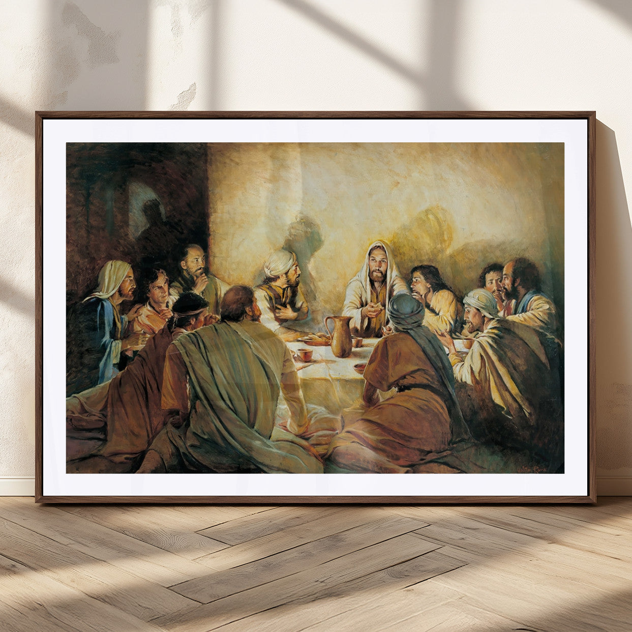 Framed canvas print of the Last Supper, depicting Jesus and his disciples, perfect for religious or Christian-themed home decor.