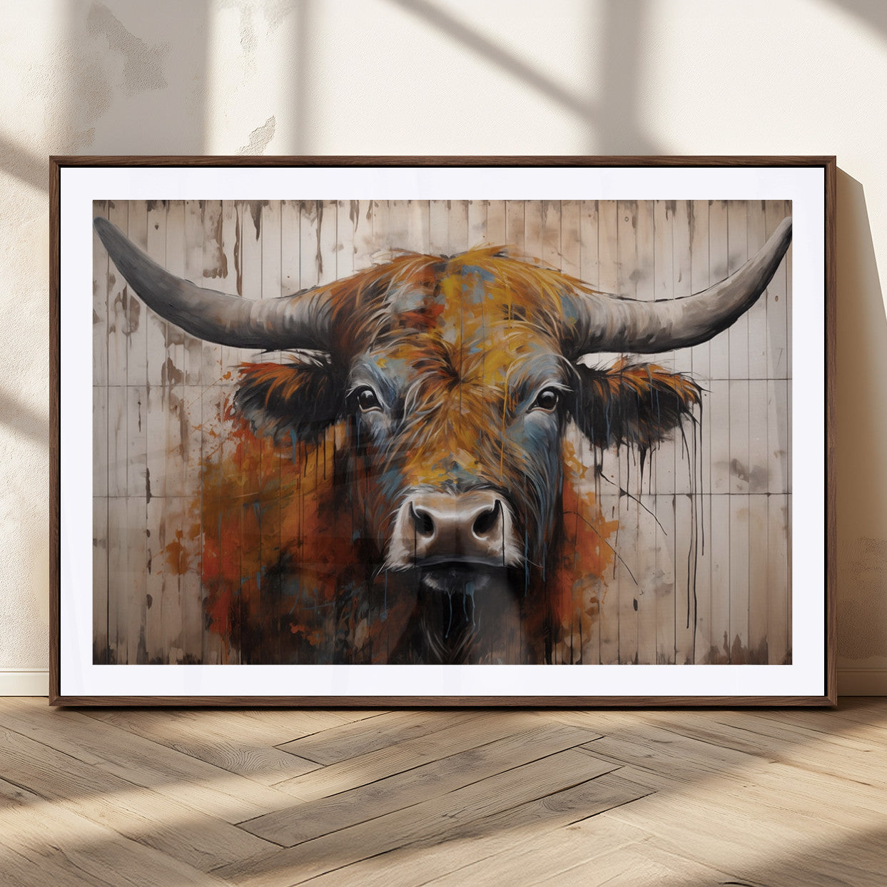 47284-MGC-FP-36x24_Walnut-Scottish Highland Cow Cattle Art Print on Wood Style Background