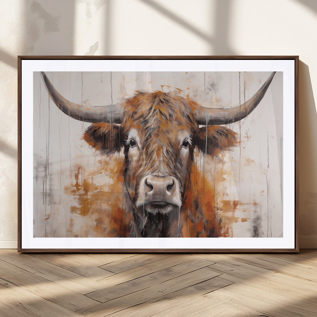 48622-MGC-FP-36x24_Walnut-Vintage Scottish Highland Cow Cattle Art, Scottish Highland Cow Wall Art Print, Farmhouse Wall Art