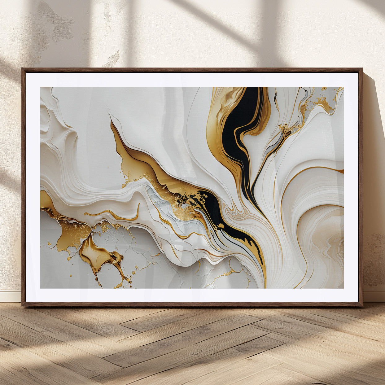 98637-MGC-FP-36x24_Walnut-Gold Waves on Pure White Canvas – Gold Abstract Art for Modern Interiors | Wall Art Canvas, Framed &