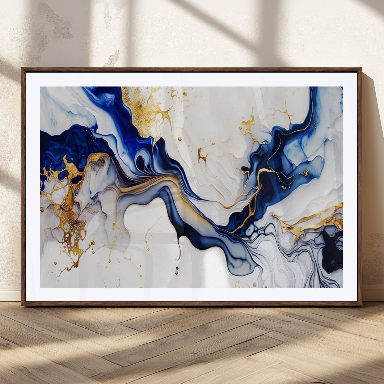 93392-MGC-FP-36x24_Walnut-Golden Cascades on Midnight Blue – Deep Blue Abstract Wall Art Flowing Elegance | Wall Art Canvas,