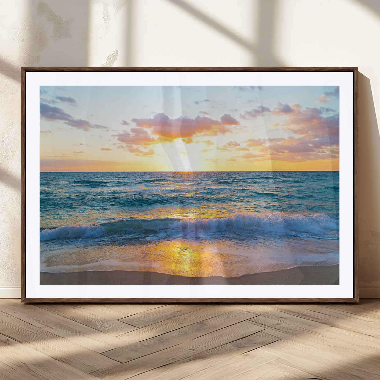 63383-MGC-FP-36x24_Walnut-Golden Sunset Over Ocean Waves - Serene Coastal Triptych Wall Art for Relaxing Home Decor, Ready to