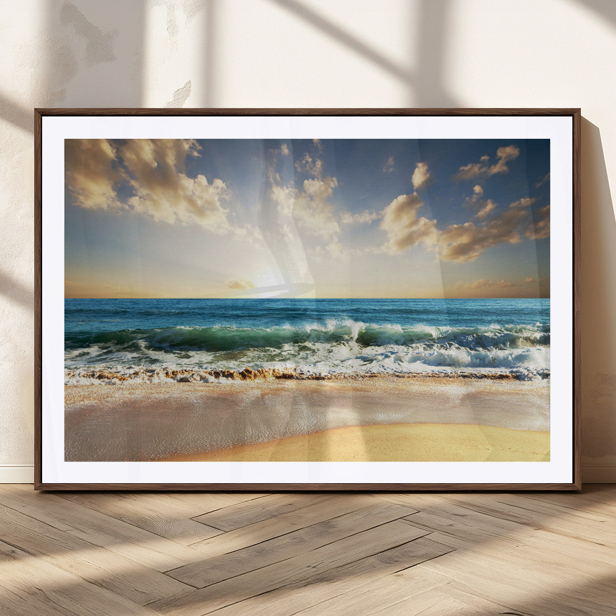 83376-MGC-FP-36x24_Walnut-Golden Sunset Beach Triptych Canvas Wall Art for Living Room – 3-Panel Ocean View, Framed & Ready to