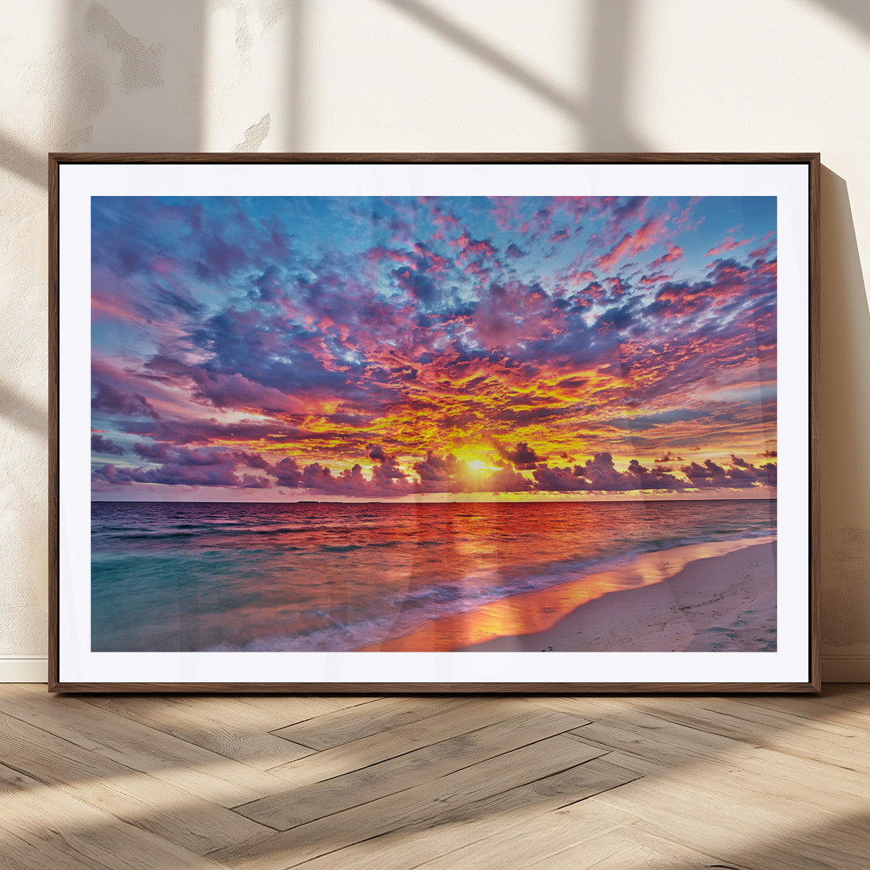 12616-MGC-FP-36x24_Walnut-Vibrant Sunset Beach Wall Art - Ocean Sunset Canvas Print | Coastal Wall Art Decor Stunning Sunset