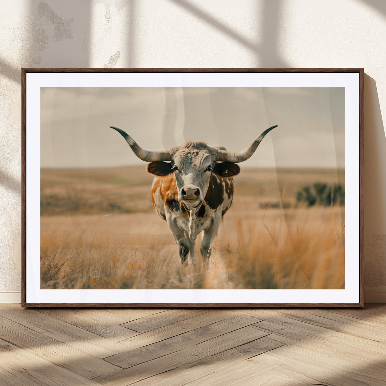16580-MGC-FP-36x24_Walnut-Texas Cow Longhorn Wall Art Canvas Print for Farm House Wall Decor, Farmhouse Cow Print Canvas Wall