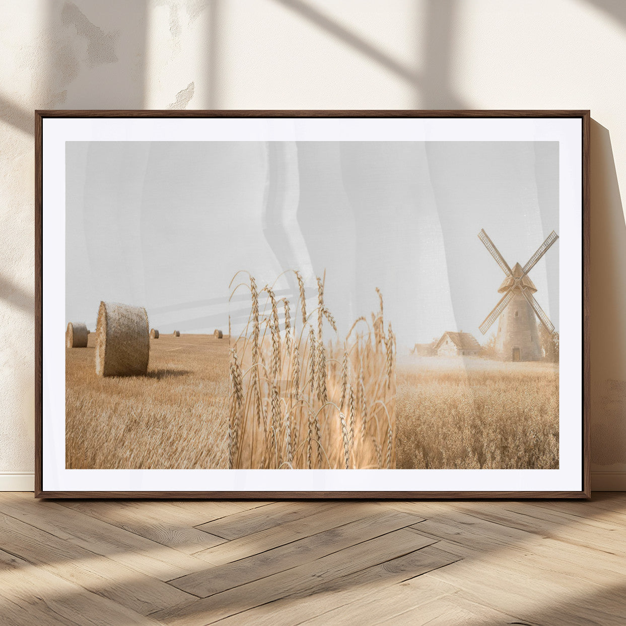 88780-MGC-FP-36x24_Walnut-Vintage Farmhouse Triptych Wall Art – Giclée Canvas Featuring Wheat Fields, Hay Bales, and a