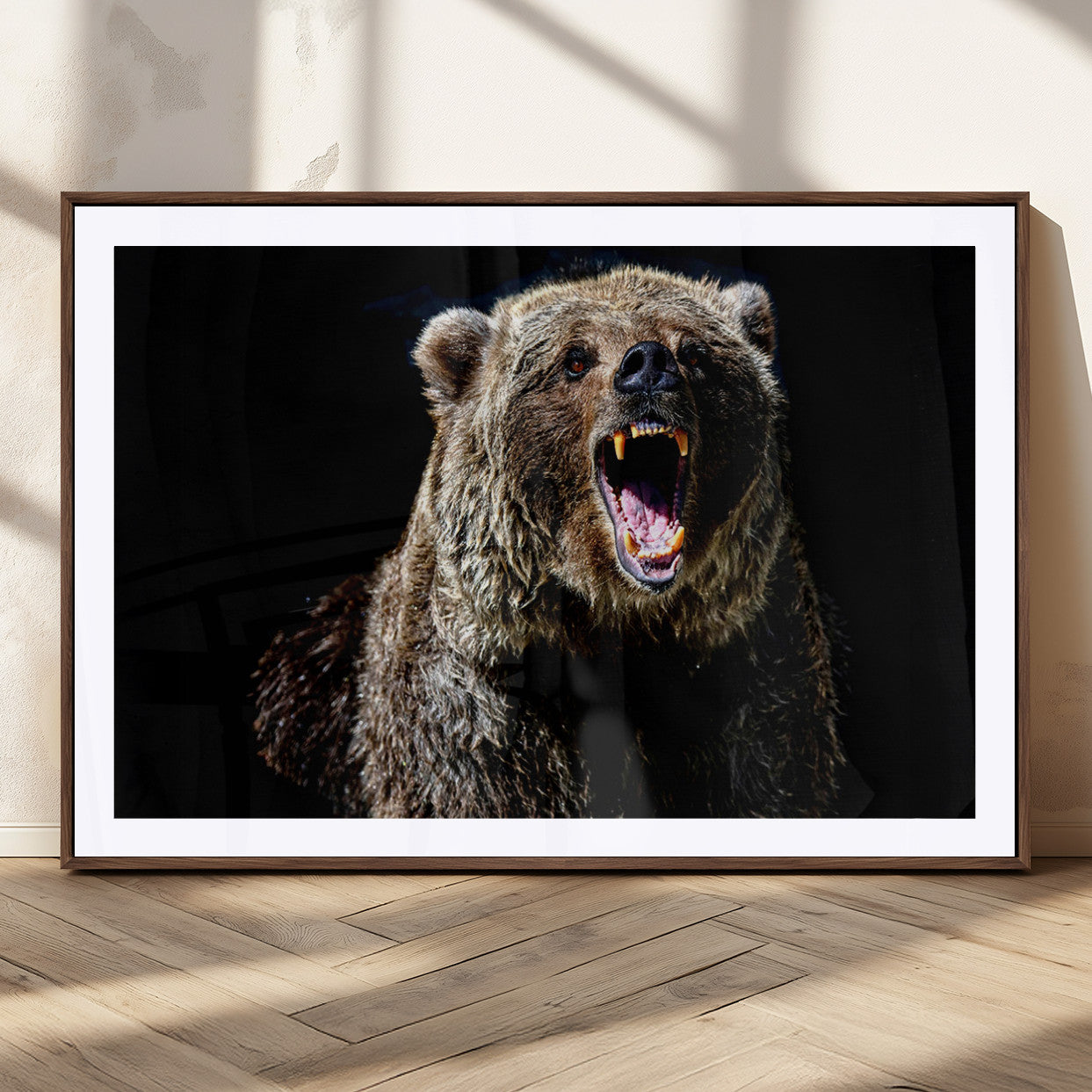 17625-MGC-FP-36x24_Walnut-Grizzly Bear Canvas Print | Wildlife Wall Art for Cabin Decor | Ready to Hang Framed
