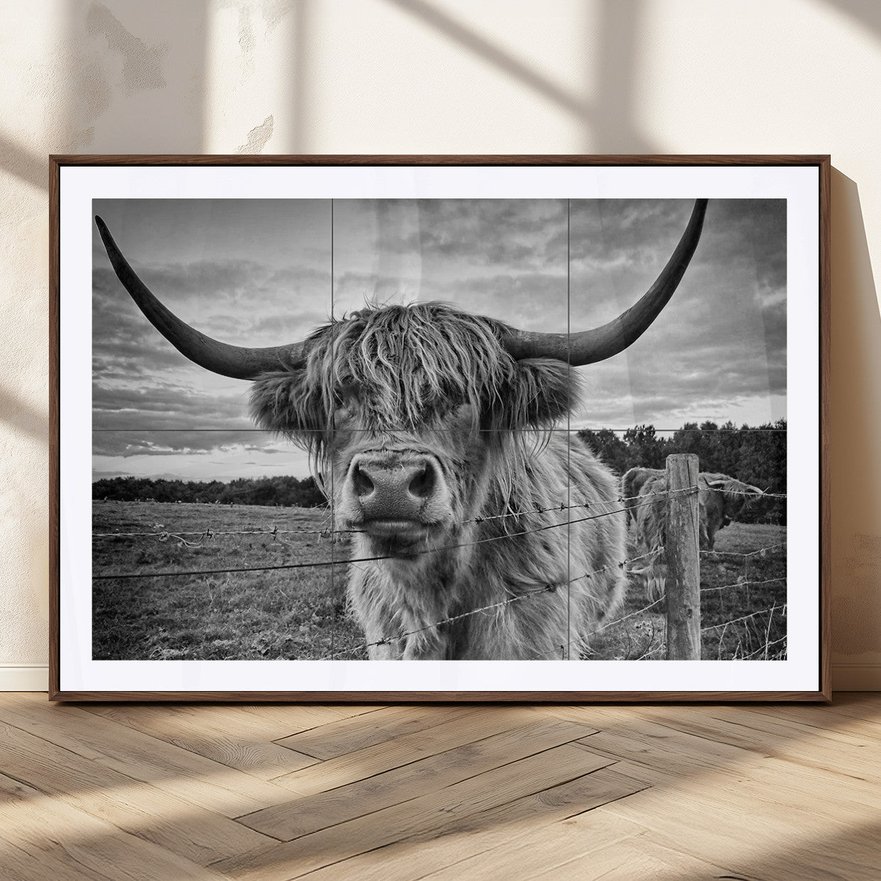 71937-MGC-FP-36x24_Walnut-Scottish Highland Cow Canvas Wall Art Farmhouse Decor, Framed Scottish Highland Cow Print