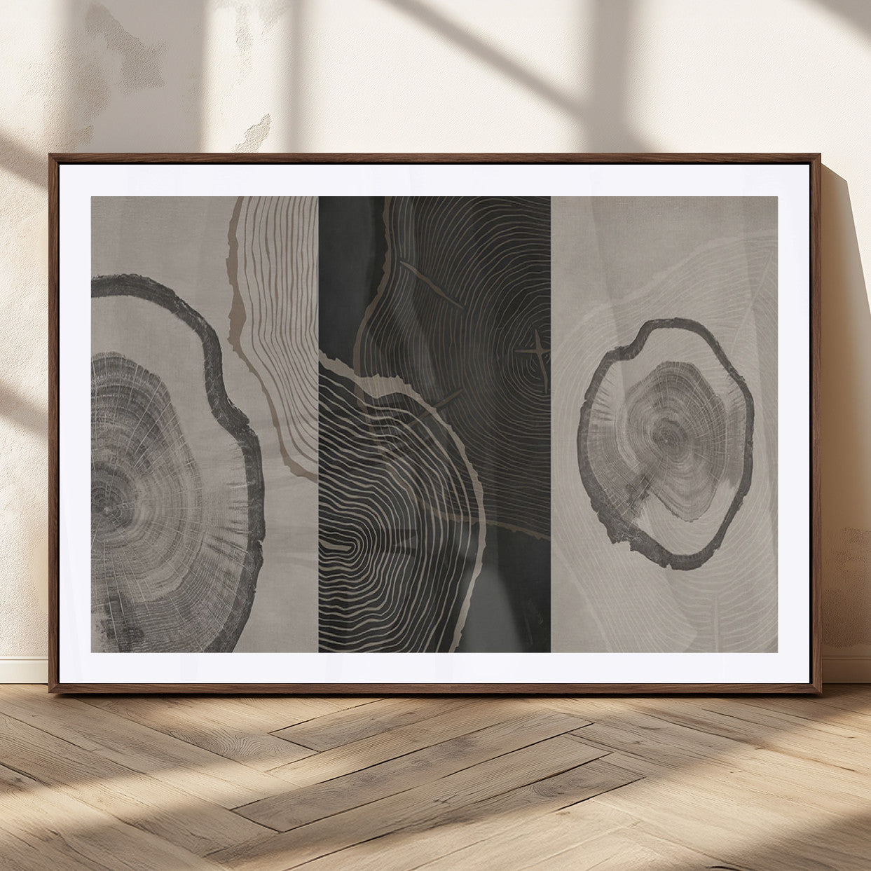25407-MGC-FP-36x24_Walnut-Modern Abstract Tree Ring Canvas Art Set | 3 Panel Large Tree Ring Design for Living Room, Office,
