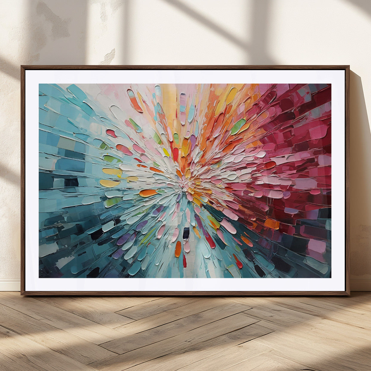 47065-MGC-FP-36x24_Walnut-Radiant Bloom Abstract Floral Wall Art Canvas Print - Colorful Burst - Modern Living Room Decor -