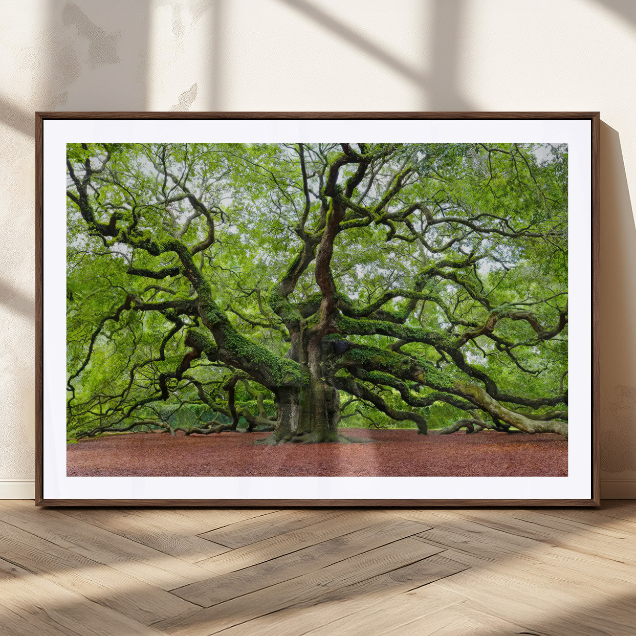 40313-MGC-FP-36x24_Walnut-Framed Angel Oak Tree Wall Art - 3-Panel Canvas Prints, Large Green Nature Artwork, Ready to Hang
