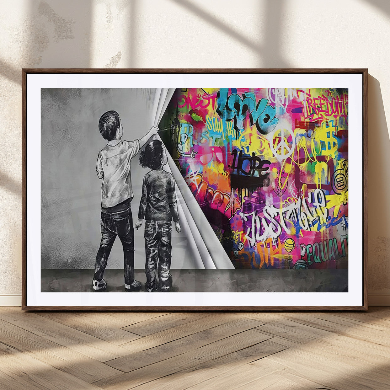 92809-MGC-FP-36x24_Walnut-Banksy Print - Street Art Canvas Wall Art - Kids Revealing Graffiti, Urban Modern Decor for Living