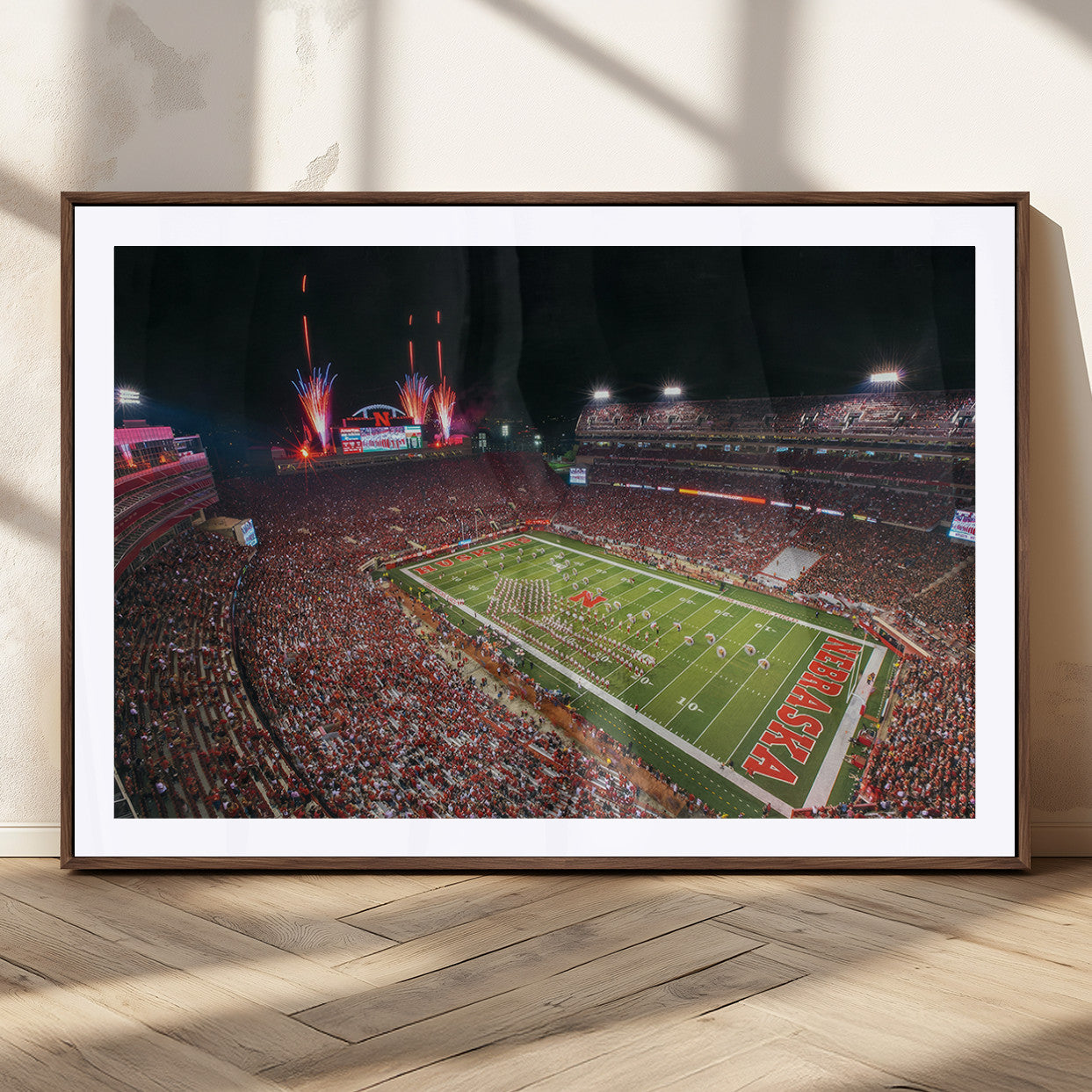 51773-MGC-FP-36x24_Walnut-University of Nebraska Cornhuskers Football Team Print - Lincoln Memorial Stadium Wall Art Canvas