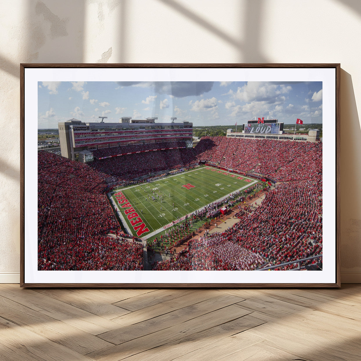 84975-MGC-FP-36x24_Walnut-University of Nebraska Cornhuskers Football Team Print - Lincoln Memorial Stadium Wall Art Canvas