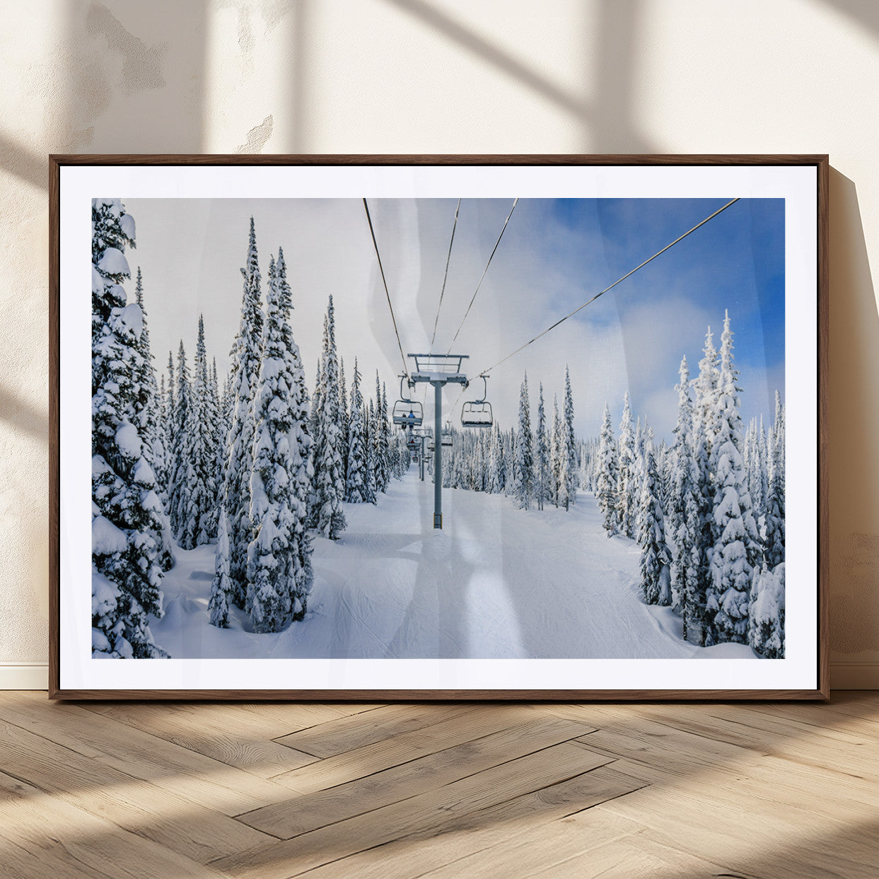 21569-MGC-FP-36x24_Walnut-Winter Ski Lift Wall Art Print - Landscape Wall Art | Snowy Mountain Adventure | Perfect for Cabin