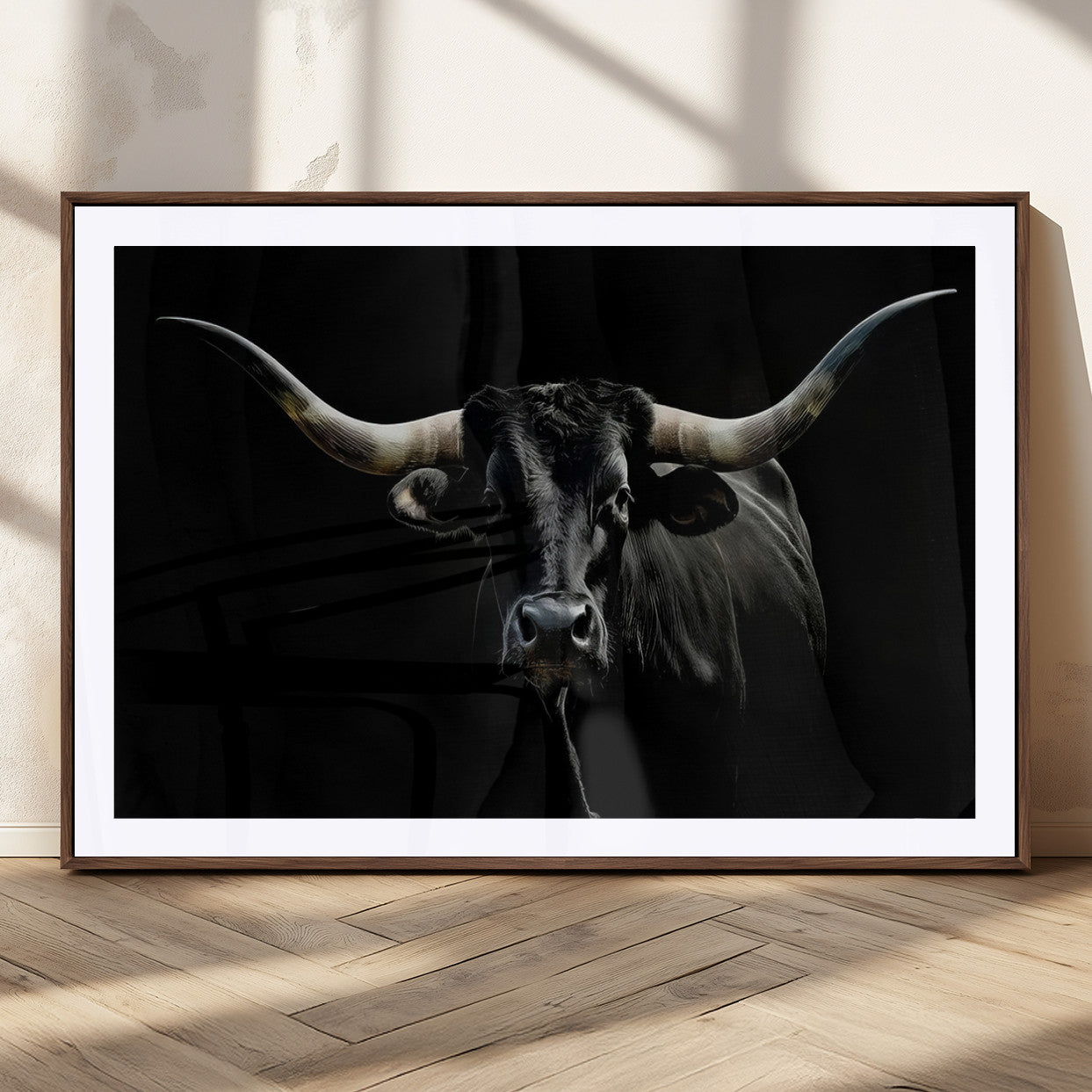 20679-MGC-FP-36x24_Walnut-Texas Black Longhorn Bull Wall Art Canvas Print - Western Texas Cattle Rustic Decor Print - Longhorn