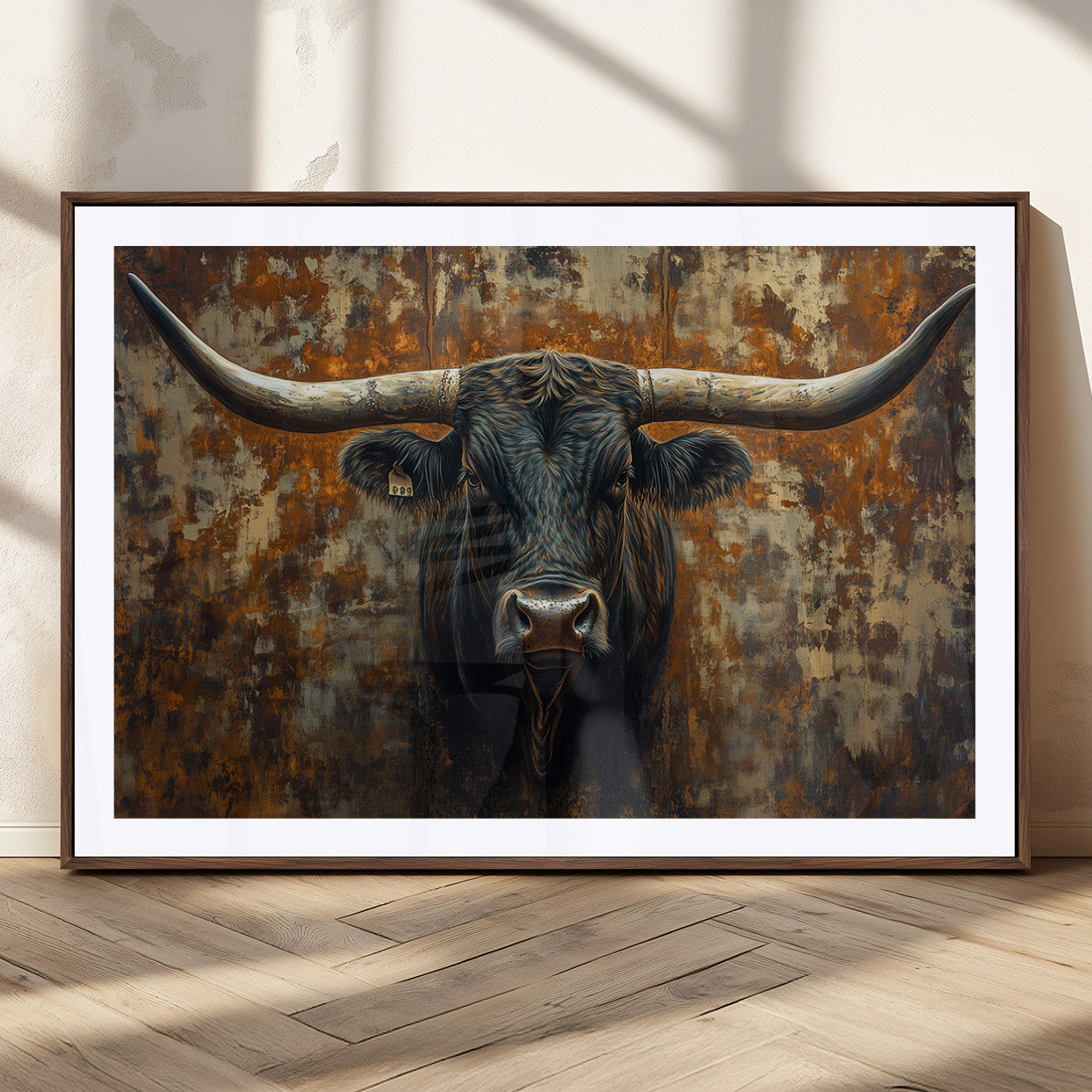 68068-MGC-FP-36x24_Walnut-Longhorn Texas Cow Bull Wall Art | Rustic Farmhouse Canvas Print | Ready to Hang Barn Decor for