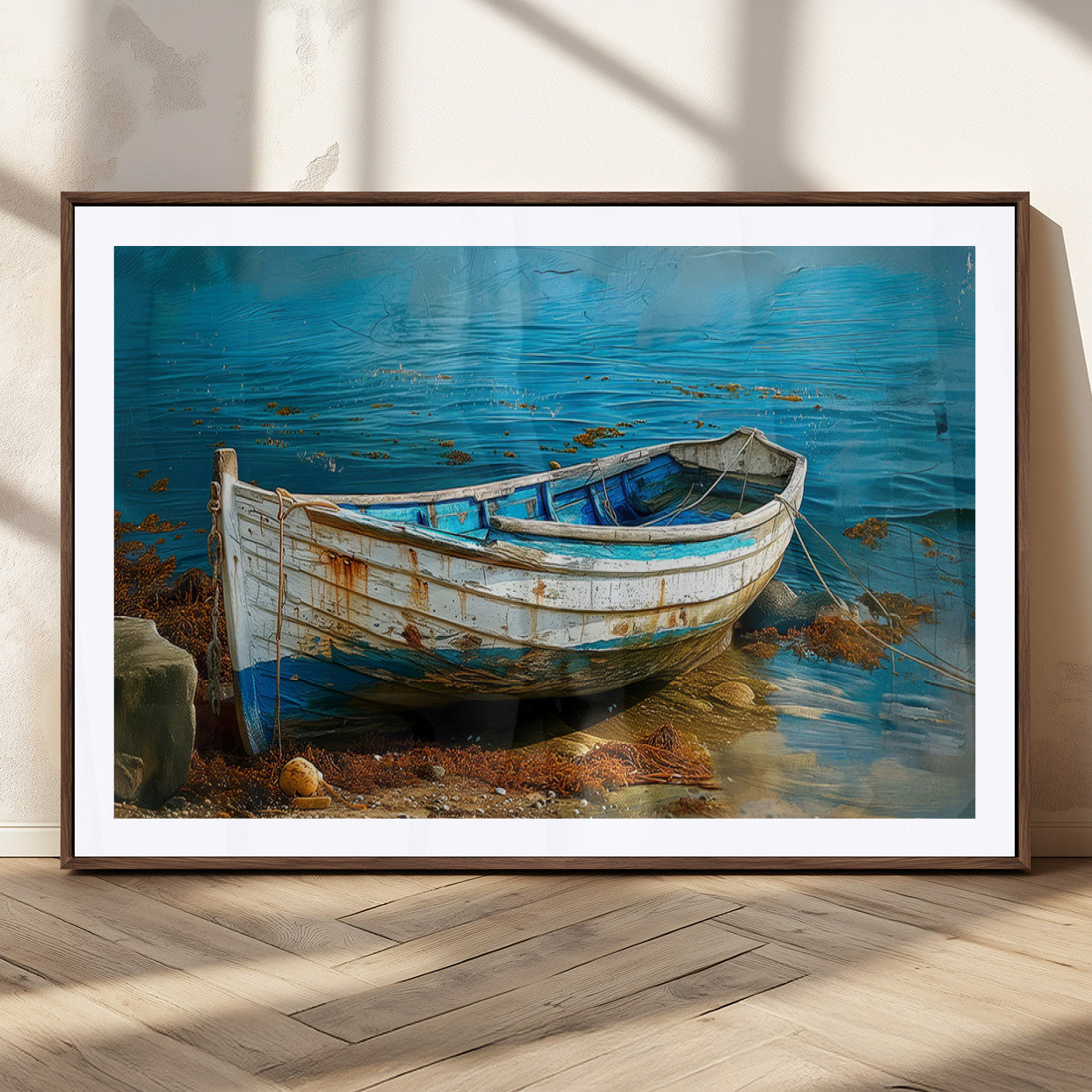 54716-MGC-FP-36x24_Walnut-Vintage Boat on Tranquil Waters | Coastal Wall Art for Nautical Decor | Rustic Triptych Canvas Print